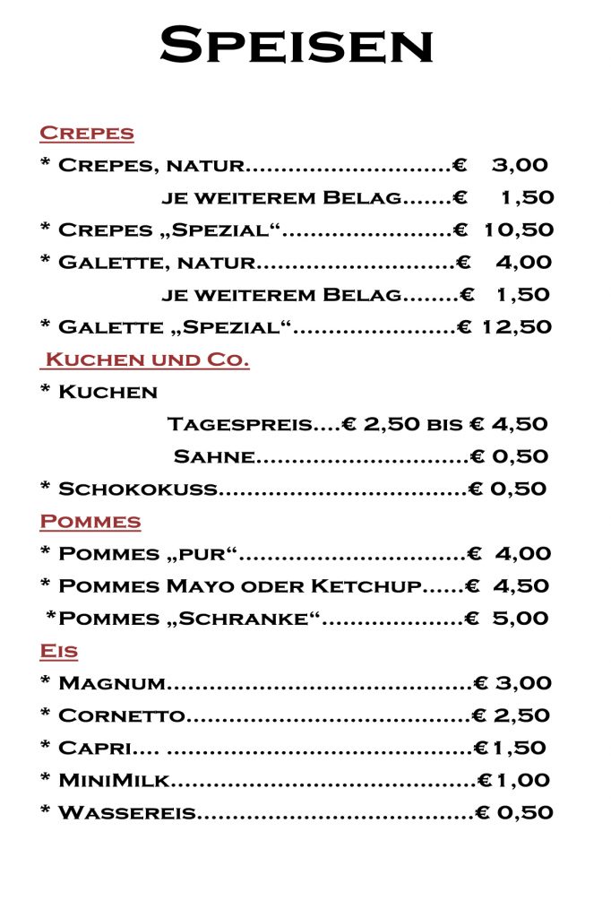 Preisliste Speisen 2026