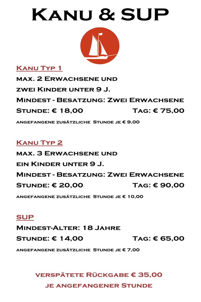 Preisliste Kanu und SUP 2026